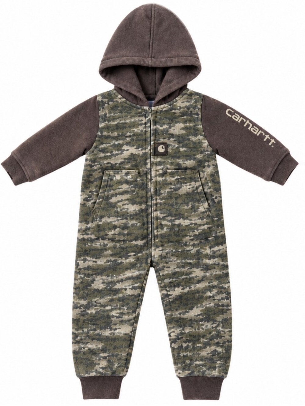Carhartt Camo Hooded Baby Coverall with Brown Sleeves 6M